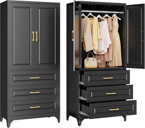 Miniatura 8 de Gabinete de Pared de Metal de 81 cm con 2 Puertas, Gabinetes Colgantes Negros con Manija, Gabinetes de Vestir de Metal, Armario Vestidor Clóset