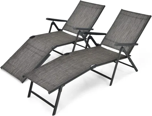 COSTWAY 2 piezas de tumbona plegable, tela ligera y transpirable, silla reclinable de bronceado al aire libre para terraza, playa (gris)