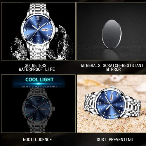 Miniatura 5 de LIGE Relojes para hombre, casual, de cuero, analógico, de cuarzo, para hombre, negro, Fahison, reloj de pulsera para hombre, reloj deportivo