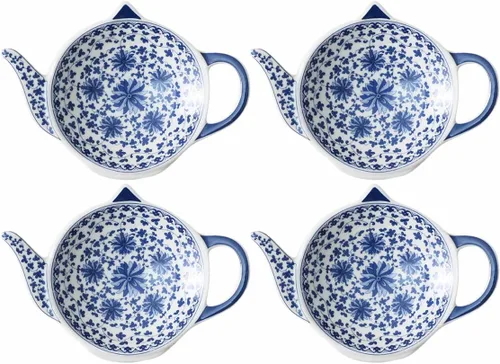 Sizikato 4 portabolsas de té de porcelana azul y blanca para bolsitas de té, posavasos en forma de tetera, cuchara, reposos, aperitivos, plato de