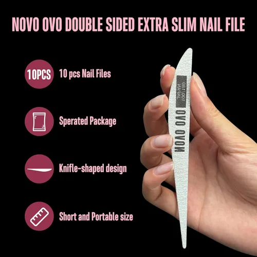 Miniatura 2 de NOVO OVO Lima de uñas finas, 10 piezas profesionales de doble cara, extra delgada, reutilizable, tablero de esmeril (grano 100/180), herramientas