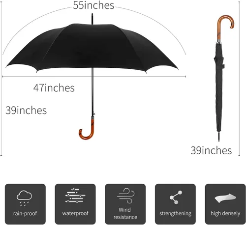Miniatura 2 de TIME LOVER Paraguas de gran tamaño a prueba de viento Paraguas de madera con mango J Stick abierto automático de secado rápido paraguas para hombres