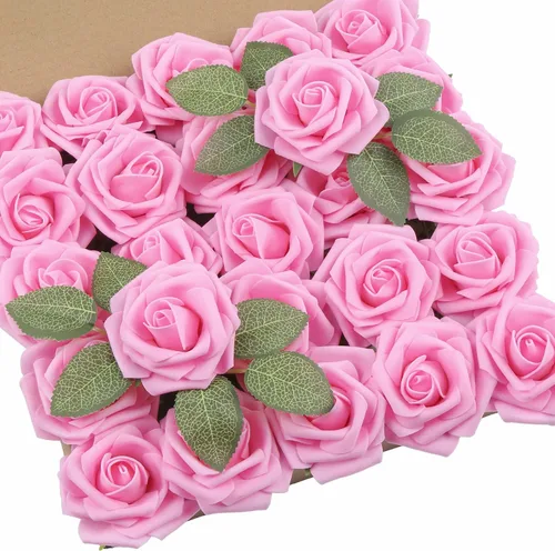 Miniatura 53 de DuHouse 25 rosas artificiales con tallos, flores de espuma de tacto real para bricolaje, ramo de boda, centro de mesa, arreglo floral, fiesta, Verde