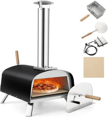Giantex Horno de pizza al aire libre, propano y leña con piedra para pizza de 13 pulgadas, cáscara de pizza, quemador de gas con regulador,