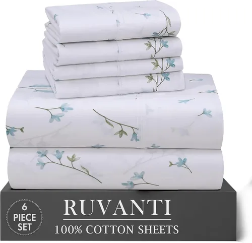 Miniatura 36 de RUVANTI 6 Piezas Sábanas de Algodón - 100% Algodón Natural Suave, Ligeras y Transpirables Sábanas de Percal Crujiente, Sábanas de Cama Tamaño Full