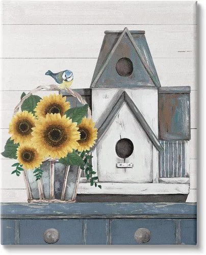 Stupell Industries Lienzo decorativo para pared, diseño de casa de pájaros, diseño de girasol, naturaleza muerta, 16 x 20 pulgadas, gris