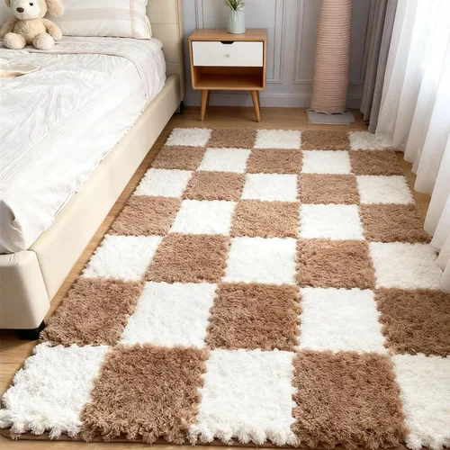 Miniatura 3 de Tapete de espuma de felpa gruesa que se entrelaza, 24 piezas de 12 x 12 pulgadas, tapete cuadrado esponjoso de espuma con bordes, alfombra de área