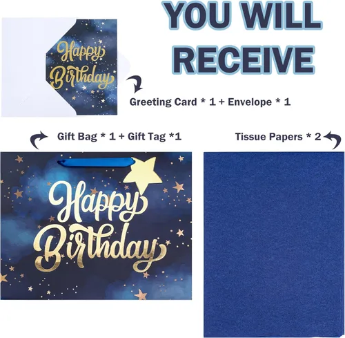 Miniatura 3 de WRAPAHOLIC Bolsa de regalo grande de 13 pulgadas con tarjeta y papel de seda, papel de estrella azul marino dorado feliz cumpleaños Azul marino
