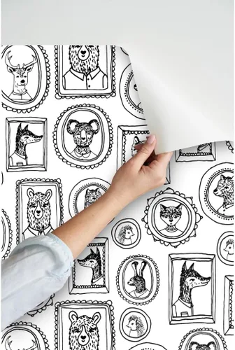 Miniatura 3 de Spoonflower Papel tapiz para despegar y pegar, marco de retrato de animales caprichoso, bosque, negro, blanco, cuarto de niños, papel tapiz