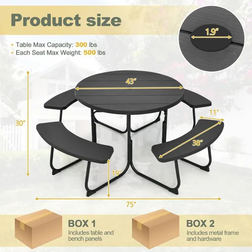 Miniatura 3 de Tangkula Mesa de Picnic para 8 Personas, Mesa de Picnic Redonda para Exteriores con 4 Bancos Incorporados, Agujero para Sombrilla, Estructura