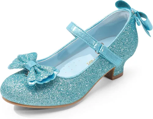 DREAM PAIRS Zapatos de vestir de tacón bajo para niñas, con lazo intercambiable, purpurina, boda, fiesta, Mary Jane, zapatos para niños pequeños