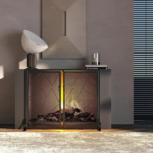 Miniatura 3 de Fire Beauty Pantalla de chimenea con puertas con bisagras Borde de hierro fundido, marco de acero resistente, malla metálica duradera, protector