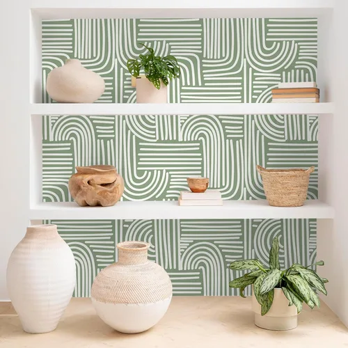 Miniatura 7 de VEELIKE Papel tapiz geométrico verde salvia para despegar y pegar, papel tapiz geométrico abstracto bohemio para dormitorio, baño, pared decorativa