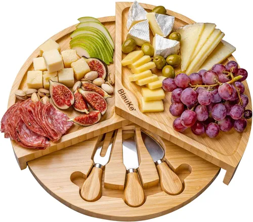 Juego de tabla de queso de bambú y cuchillos, tabla redonda de charcutería de 14 pulgadas, bandeja para servir, plato, juego de tablas de queso de
