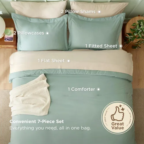 Miniatura 3 de Bedsure Juego de ropa de cama con edredón tamaño King en verde salvia, 7 piezas de ropa de cama ligera para cama King estilo boho, juego de ropa