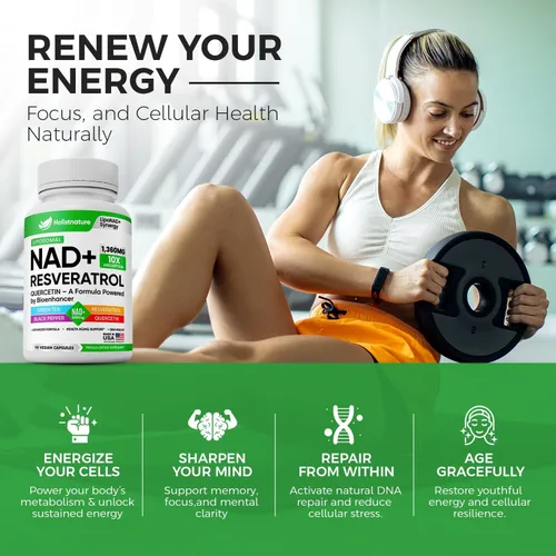 Miniatura 2 de Suplemento NAD+, 1,360 mg de fuerza máxima liposomal Resveratrol, quercetina, té verde Energía celular y envejecimiento saludable para hombres