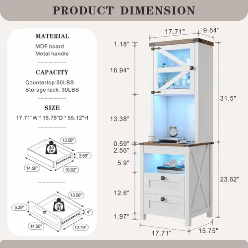 Miniatura 2 de HWB Mesita de noche alta con estación de carga y luces LED, mesita de noche de estilo granja con cajón para armas y estante ajustable, mesa de noche