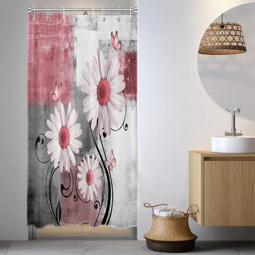 Miniatura 17 de Cortina de ducha floral con margaritas azules, flores blancas y mariposas en tela moderna abstracta geométrica gris para baño, 10 ganchos, 48 x 72