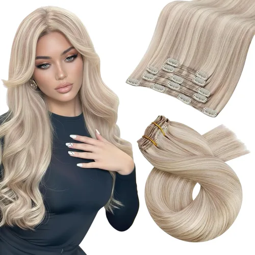 Miniatura 71 de Moresoo Extensiones de cabello humano Remy con clip, color rubio platino, extensiones de cabello humano real de doble trama, color rubio #60, 18