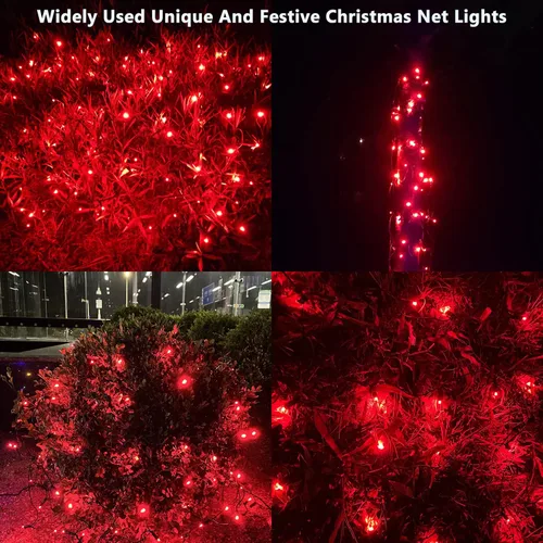 Miniatura 2 de HISHINY Red de luces LED rojas de Navidad para exteriores, cable verde de 100 luces LED de 5 x 5 pies, cable verde conectable para interiores y Rojo
