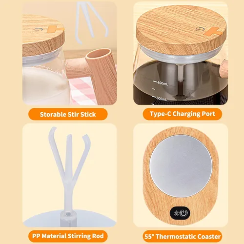 Miniatura 4 de Taza de café autoagitable, taza de mezcla eléctrica de alta velocidad con posavasos termostáticos de 55°, taza mezcladora eléctrica adecuada
