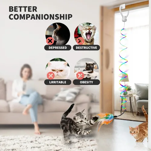 Miniatura 7 de Juguetes interactivos para gatos de interior, juguete de plumas para puerta colgante automática, ratón y varita de cinta, recargable por USB, Blanco