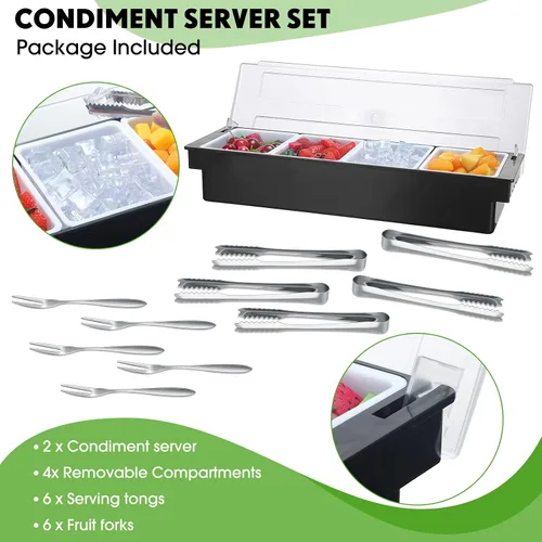 Miniatura 3 de Bandeja de condimentos de 2 piezas con tapa y servidor de condimentos refrigerado extraíble con 6 pinzas y 6 tenedores para servir barman ensalada