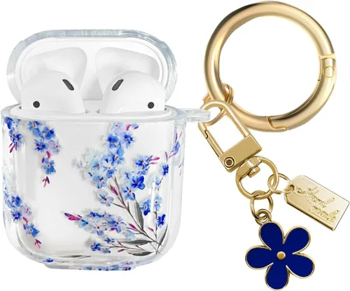 Miniatura 14 de Funda compatible con AirPods, funda de TPU suave con bonito patrón de flores para AirPods de 2 y 1 generación con llavero colgante y mosquetón