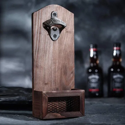 Abridor de botellas con colector de tapas, abrebotellas vintage de madera montado en la pared, regalo ideal para hombres y amantes de la cerveza,