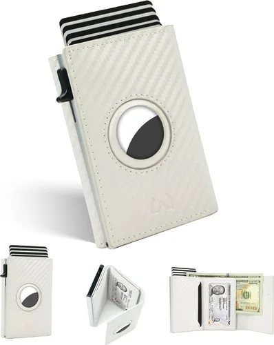 EMPWT Cartera inteligente minimalista para hombre con soporte AirTag, fibra de carbono, bloqueo RFID, delgada, capacidad de 1 a 12 tarjetas, ventana