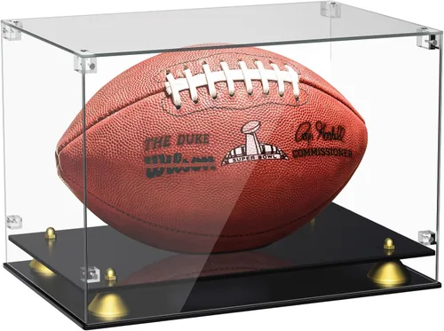 Caja de exhibición de fútbol acrílico KKU - Soporte negro de doble nivel transparente para exhibición de fútbol firmado y autografiado