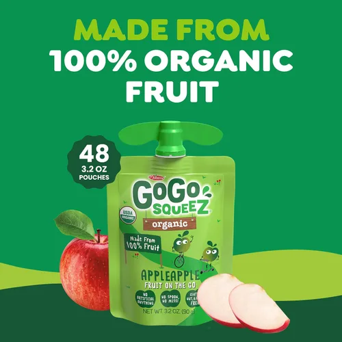Miniatura 5 de GoGo squeeZ Puré de manzana orgánico y puré de fruta sin azúcar añadido, manzana manzana, bolsas de 3.2 onzas (paquete de 48), aperitivos de frutas