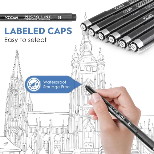Miniatura 3 de YISAN Plumas de Punta Ultra Fina Negras 01, Bolígrafos de Tinta de Punta Extra Fina, Marcadores de Arte Finos de 0.25mm Sin Derrames para Dibujo