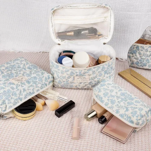 Miniatura 5 de Set de bolsas de maquillaje, bolsa de maquillaje acolchada, bolsa de cosméticos floral grande para mujeres, lindas bolsas de maquillaje de algodón