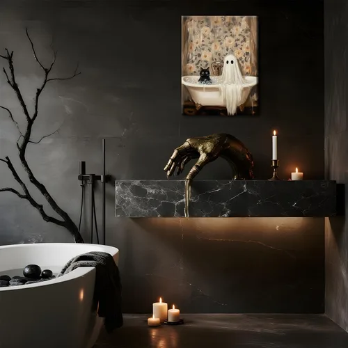 Miniatura 8 de Obras de arte en lienzo de fantasmas de Halloween para baño, decoración de pared con fantasmas de terror y lindo gato negro en la bañera, pinturas