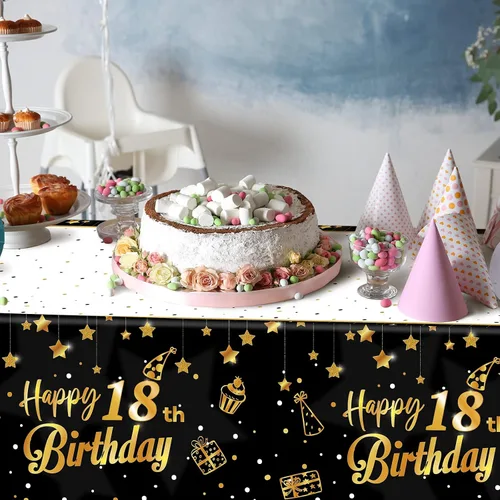 Miniatura 5 de Ruisita Paquete de 2 manteles rectangulares de color negro y dorado para fiestas de cumpleaños de 18 años, manteles de fiesta de cumpleaños