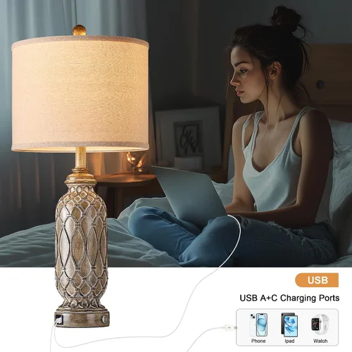 Miniatura 2 de Juego de 2 lámparas de granja para dormitorio, lámparas de mesa vintage de 28 pulgadas para sala de estar con puertos de carga USB A+C, lámparas