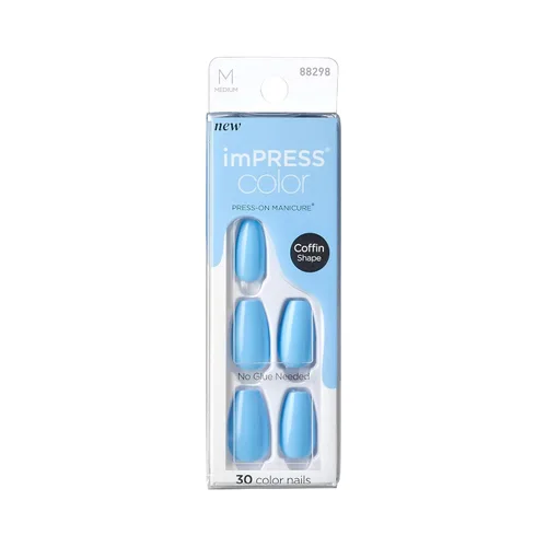 KISS imPRESS - Manicura de Uñas Postizas a Presión de Color, Azul Sereno - Cortas y Cuadradas, Azul Sólido, Listas para Usar, A Prueba de Astillas,