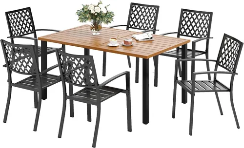 Miniatura 19 de SUNSHINE VALLEY Juego de 7 sillas de comedor para patio, material metálico, 6 sillas de comedor de color teca rectangular con agujero para sombrilla