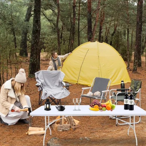 Miniatura 7 de Mesa plegable portátil de plástico de 4 pies/6 pies/8 pies, mesa de picnic y comedor de alta resistencia, color blanco y negro, plegable a la mitad