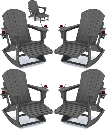 Miniatura 21 de Mecedora Adirondack de KINGYES con Otomana Retráctil y Portavasos, Silla Reclinable de Patio de HDPE Adirondack para Porche, Patio, Balcón, Azul Aqua
