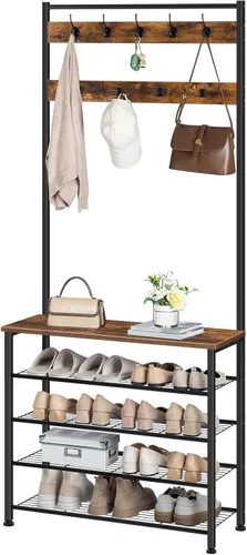 Miniatura 9 de HOOBRO Árbol de pasillo, perchero con zapatero, árbol de pasillo con banco, organizador de almacenamiento de zapatos de 5 niveles con 9 ganchos