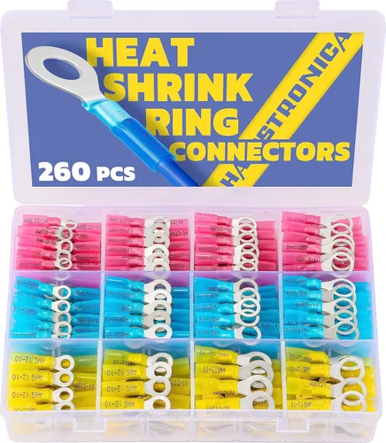 Miniatura 12 de haisstronica Terminales de anillo, 100 conectores de anillo termorretráctil de grado marino, conectores de cable amarillo, cobre rojo estañado #10