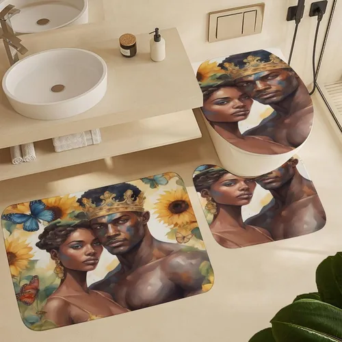 Juego de alfombras de baño Afro Black King Queen Romantic Love de 3 piezas para pareja americana, antideslizantes, lavables, juego de alfombras de