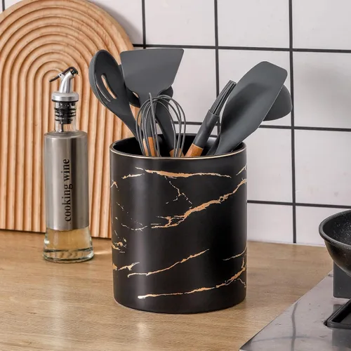 Miniatura 2 de Soporte grande de utensilios de 7.2 pulgadas para encimera de cocina, recipiente de utensilios de mármol dorado, soporte de espátula para encimera