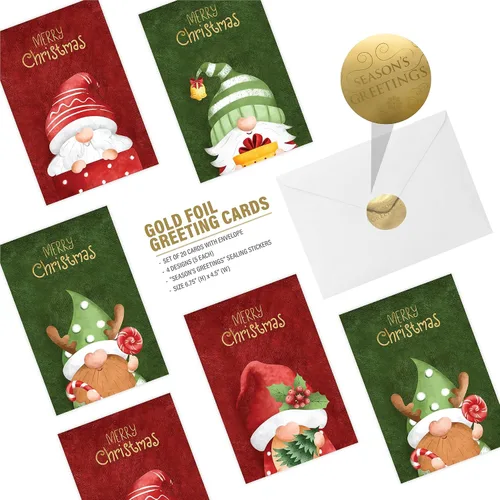 Miniatura 2 de easykart labels 20 tarjetas de gnomo navideño con sobres y pegatinas de sellado, 4 diseños navideños de Santa con efecto de hoja dorada, 6.75" x