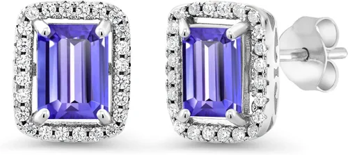 Miniatura 50 de Gem Stone King Aretes de plata de ley 925 con piedra natal Corte esmeralda de 0.315 x 0.236 in Aretes de halo para mujer