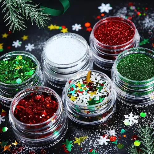 Miniatura 2 de Dijes de uñas de Navidad con purpurina en polvo rojo y verde para uñas, lentejuelas, holográfico, blanco, diamante, hielo, aurora, azúcar, arena