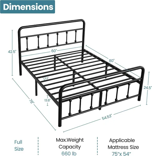 Miniatura 2 de Flolinda Base de cama clásica de plataforma metálica de tamaño matrimonial con estilo victoriano, marco de cama matrimonial con listones de acero