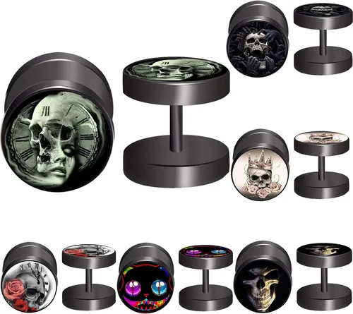 FLYUN 6 pares de aretes de calavera para hombre, aretes de calibre falso, aretes de tapones falsos para hombres y hombres, aretes negros con